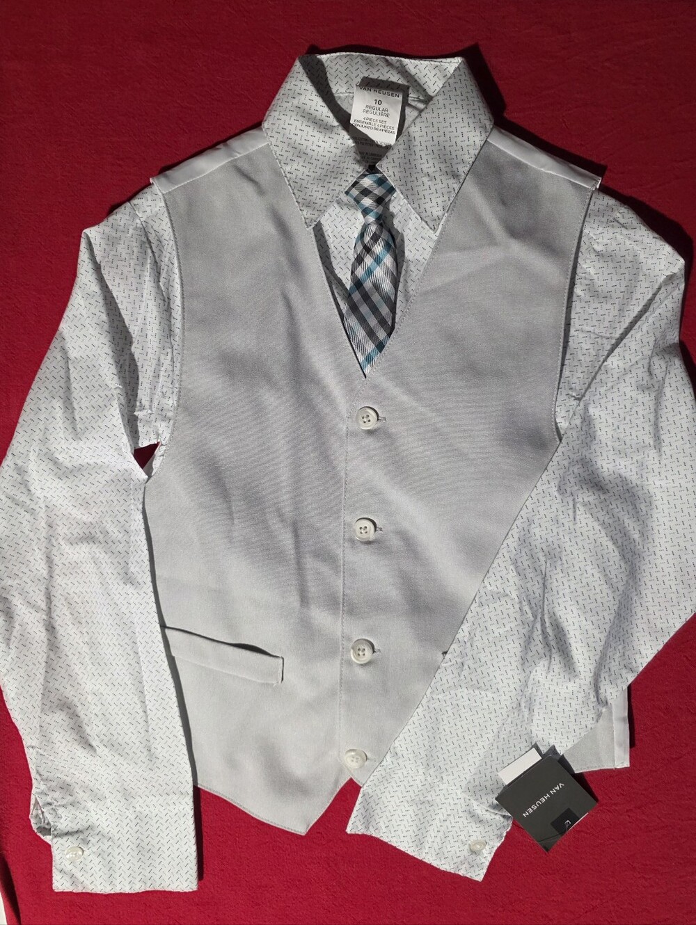 Van Heusen White Dress Shirt With Blue/Gray Accents, Gray Vest with Plaid Tie